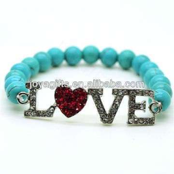 Turquoise 8MM Round Beads Stretch Gemstone Bracelet with Diamante Alloy Love Piece